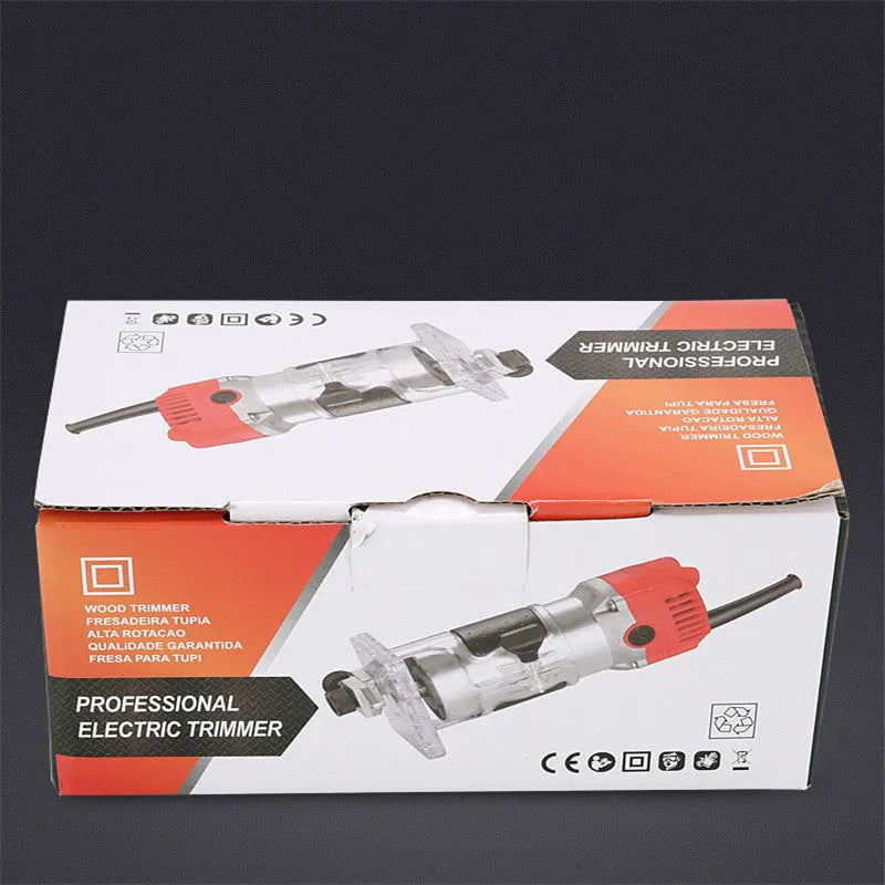 Electric wood polishing trimmer 800W with aluminium casing, 2cm processing depth, on workbench