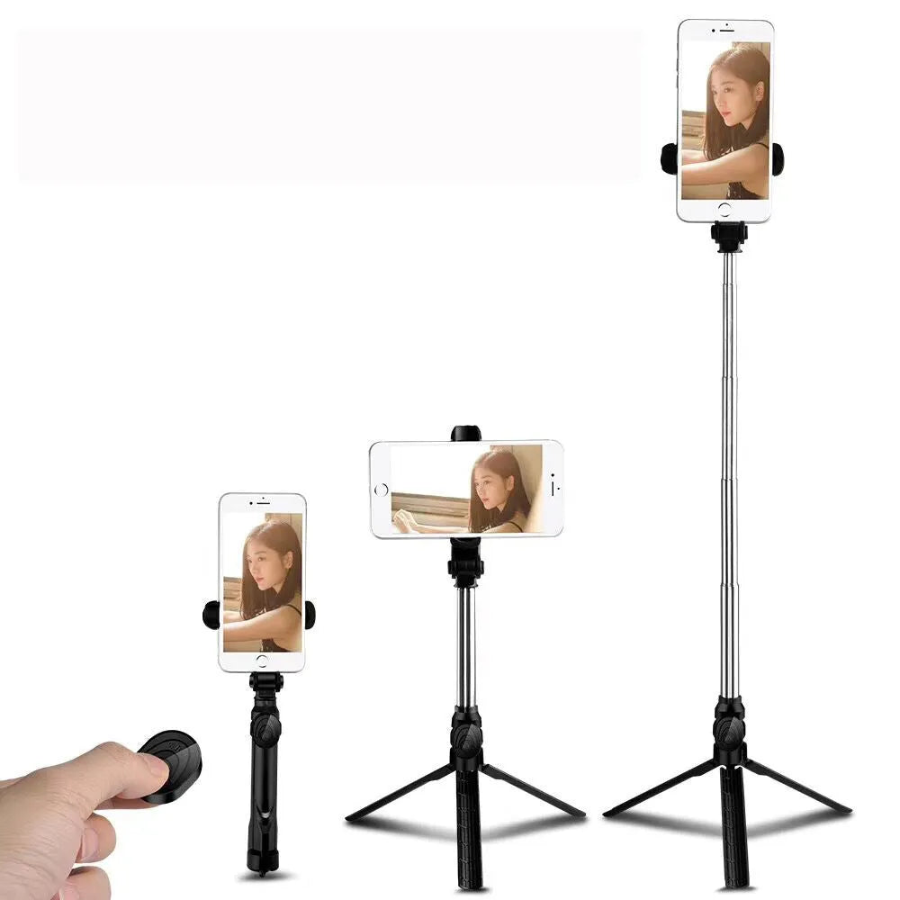 Bluetooth tripod selfie stand with 360° clip and anodised aluminium rod, extended as tripod