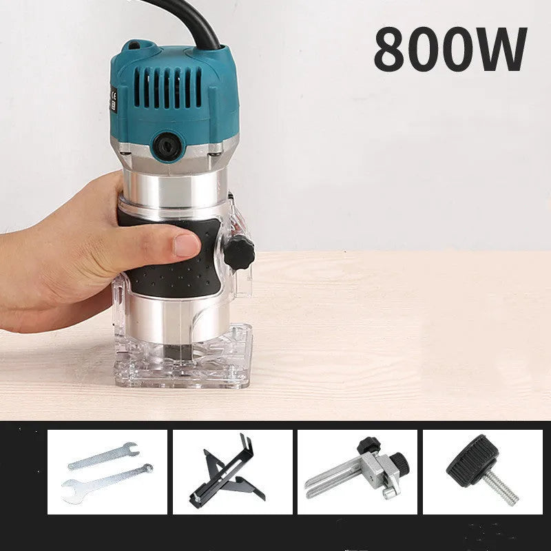 Electric wood polishing trimmer 800W with aluminium casing, 2cm processing depth, on workbench