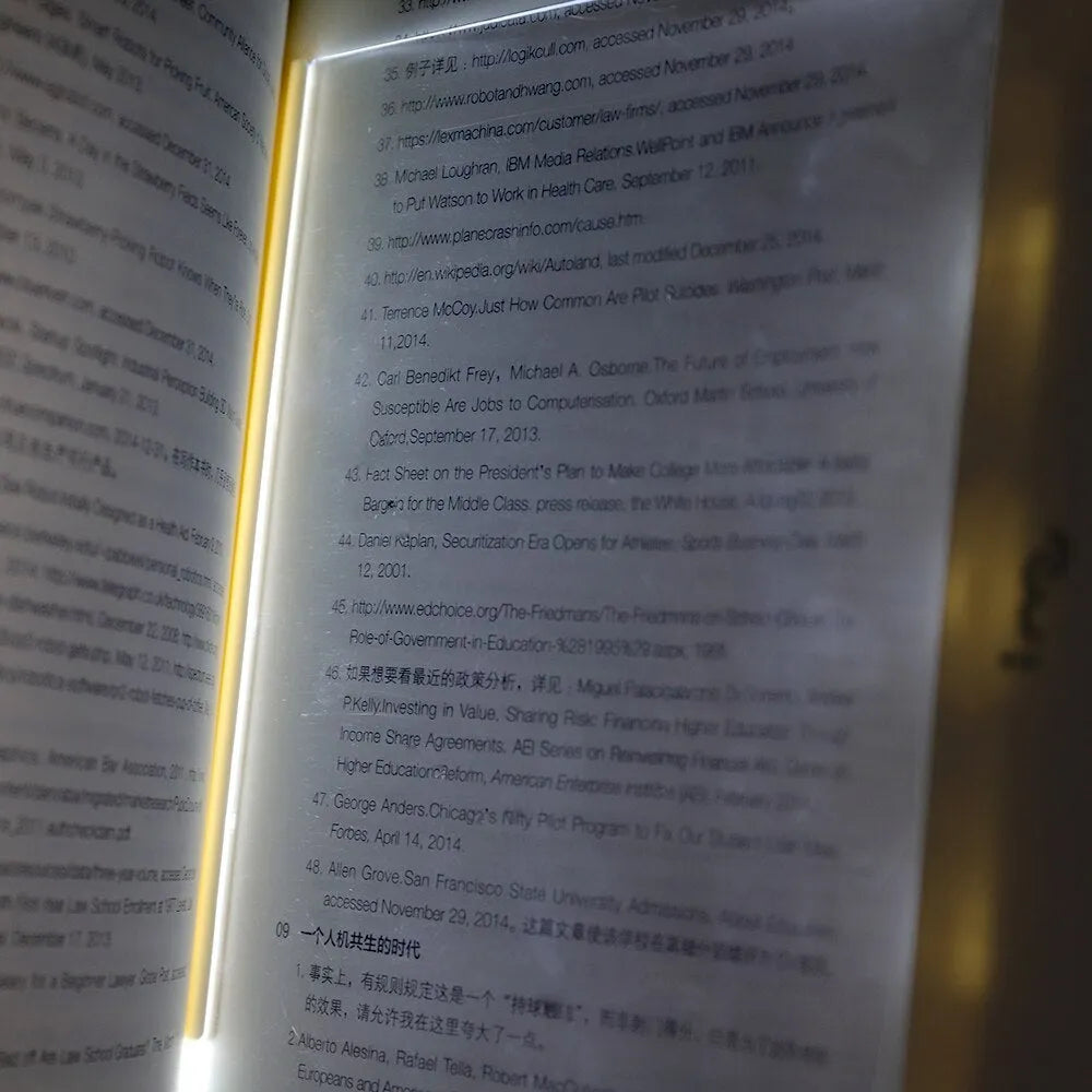 Dimmable LED panel book reading lamp with PMMA acrylic lens on a book page