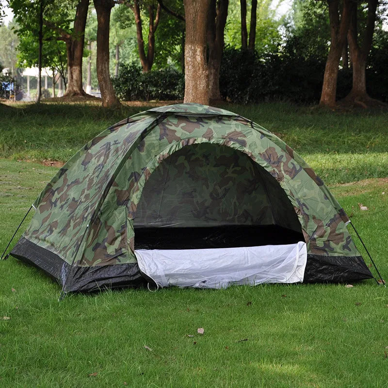 Camouflage pattern camping tent with steel ground nails and waterproof Oxford cloth construction