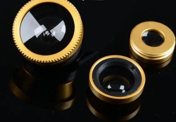 Three in one mobile phone lens kit with fisheye wide angle macro lenses in multiple colours