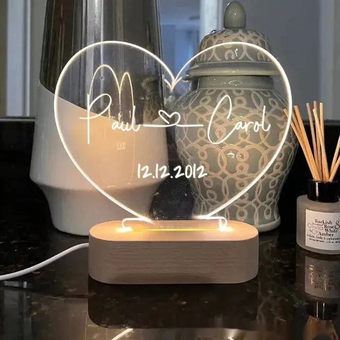 Custom names and date LED night light on transparent 20cm acrylic panel with USB power