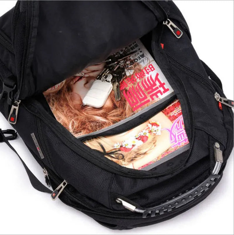 Black business computer backpack with 38-litre capacity showing three compartments and laptop protection