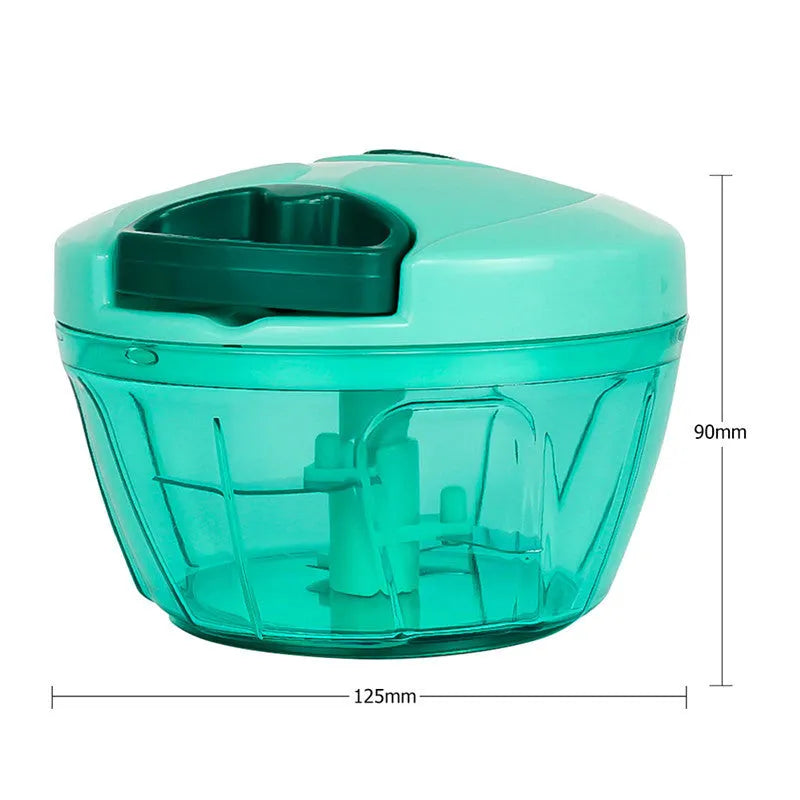 Green manual kitchen chopper with three stainless steel blades and a 500ml plastic container.