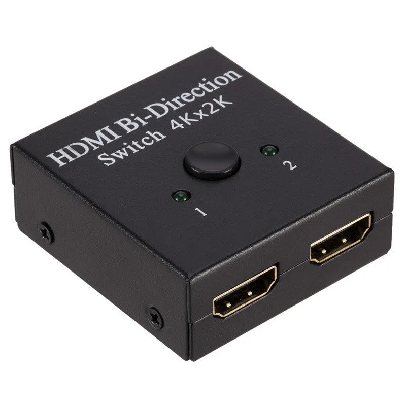 HDMI switcher 2 in 1 out in black plastic casing with two input ports and one output port