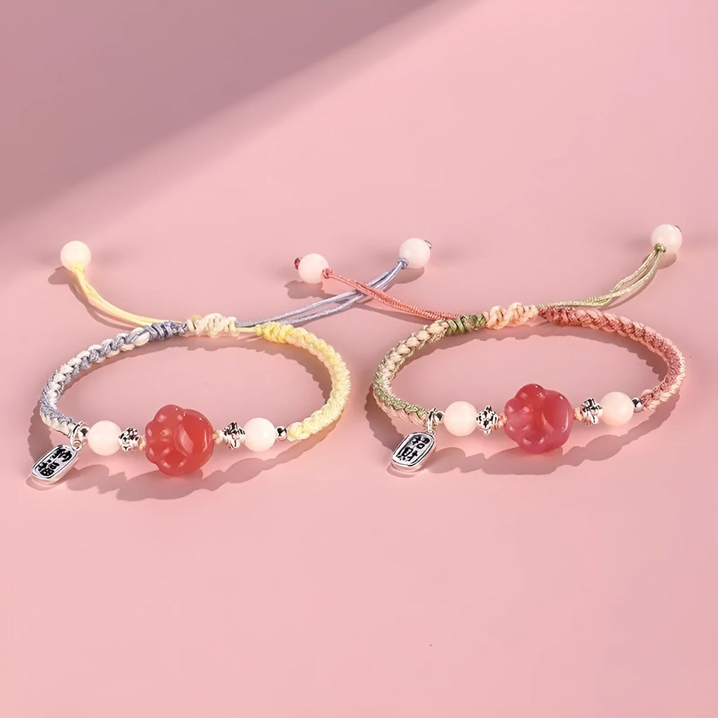 Handmade cat's paw bracelet for couples in glass coloured glaze, woven pastoral style, pink colour option