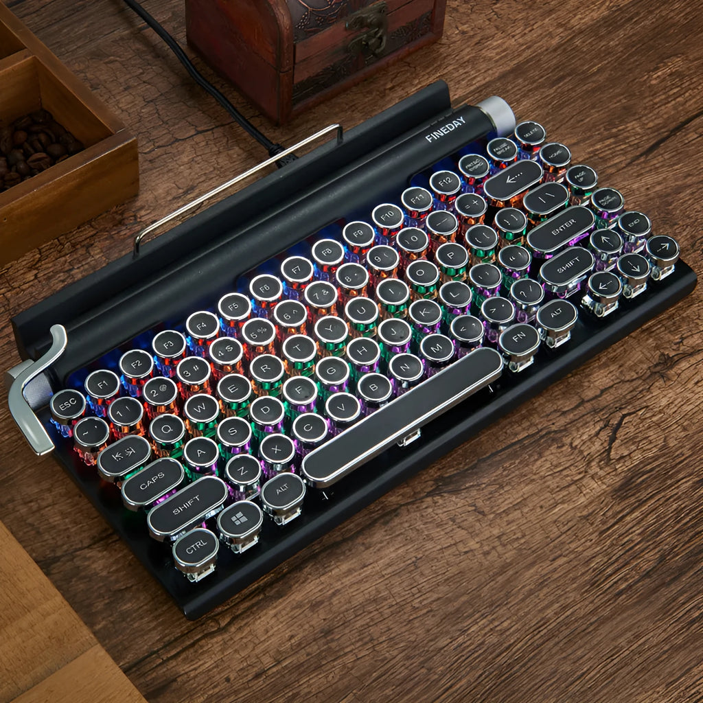 Black Dot retro-style mechanical keyboard with backlit keys on a desk.