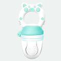 Silicone baby teether with textured chewing surfaces in blue, green and pink colour options