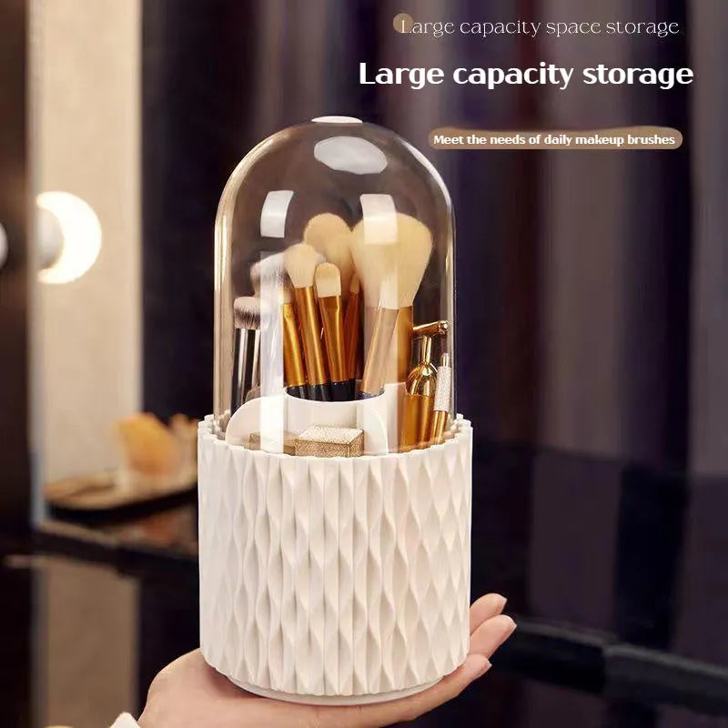 White acrylic makeup brush holder with transparent dust cover and rotating base