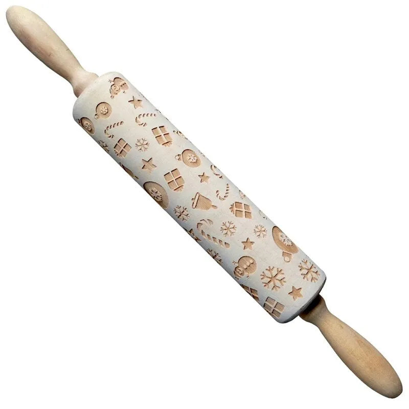 Wooden Christmas embossing rolling pin with snowflake pattern, 45cm length, natural wood finish