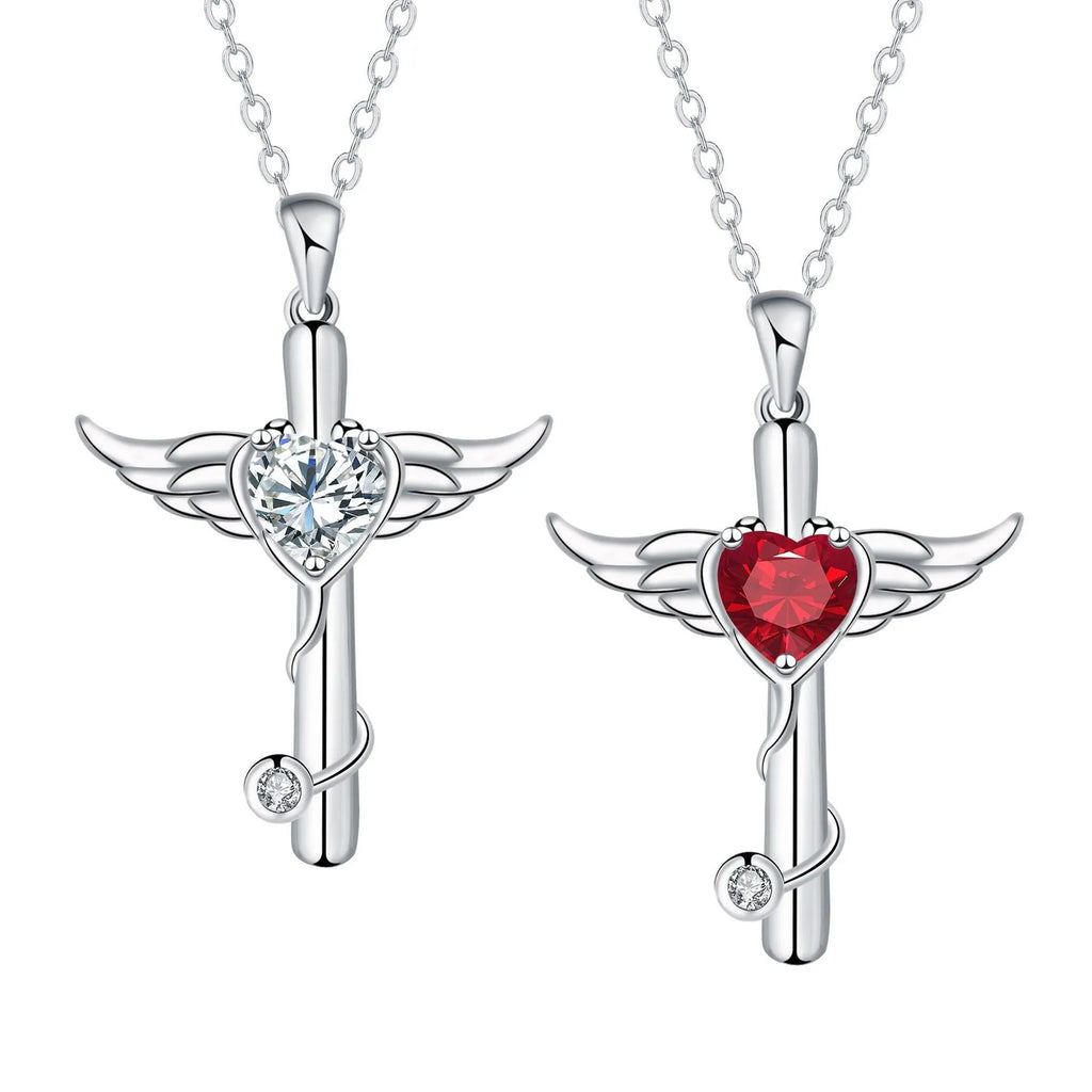 Copper cross stethoscope necklace with delicate wings element in white or red diamond electroplated finish