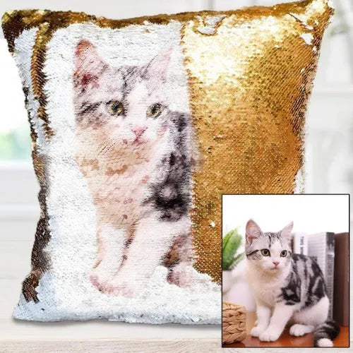 Custom photo sequins pillowcase 40x40cm gold reverse with uploaded picture displayed