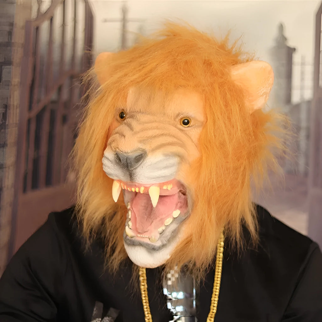 Hand-painted Halloween horror party latex lion mask with open mouth design on white background
