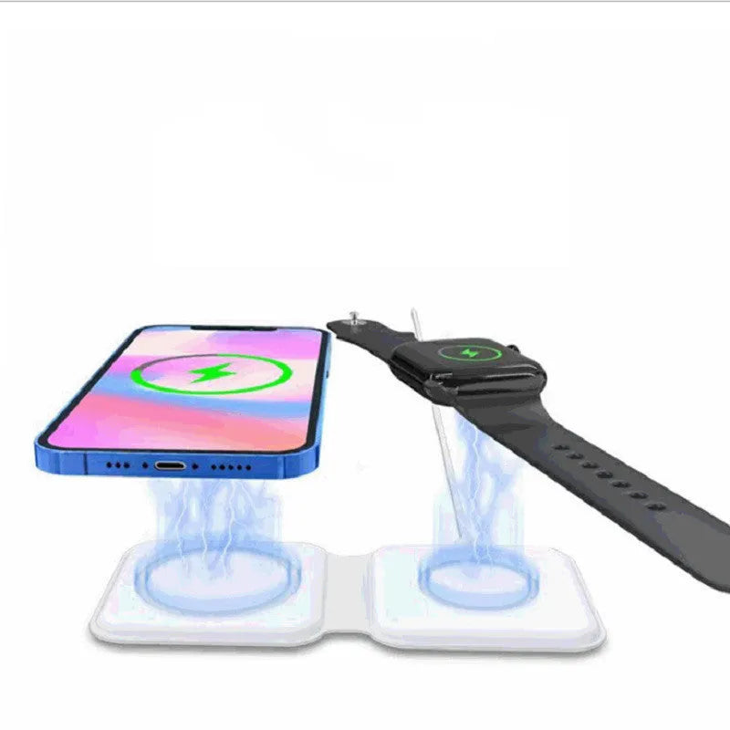 White foldable magnetic wireless charger showing dual charging surfaces and adjustable stand