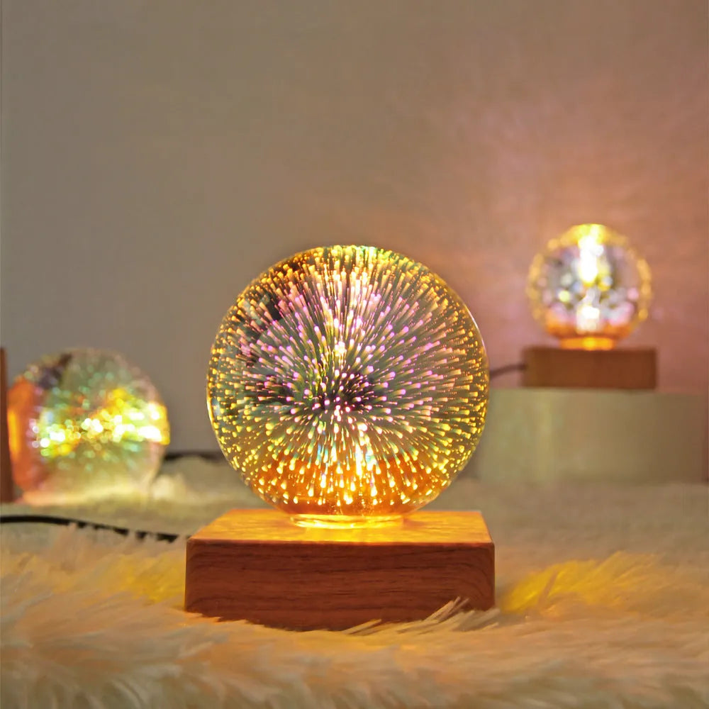 USB 3D firework crystal ball night light with touch control on a wooden table, warm LED glow effect