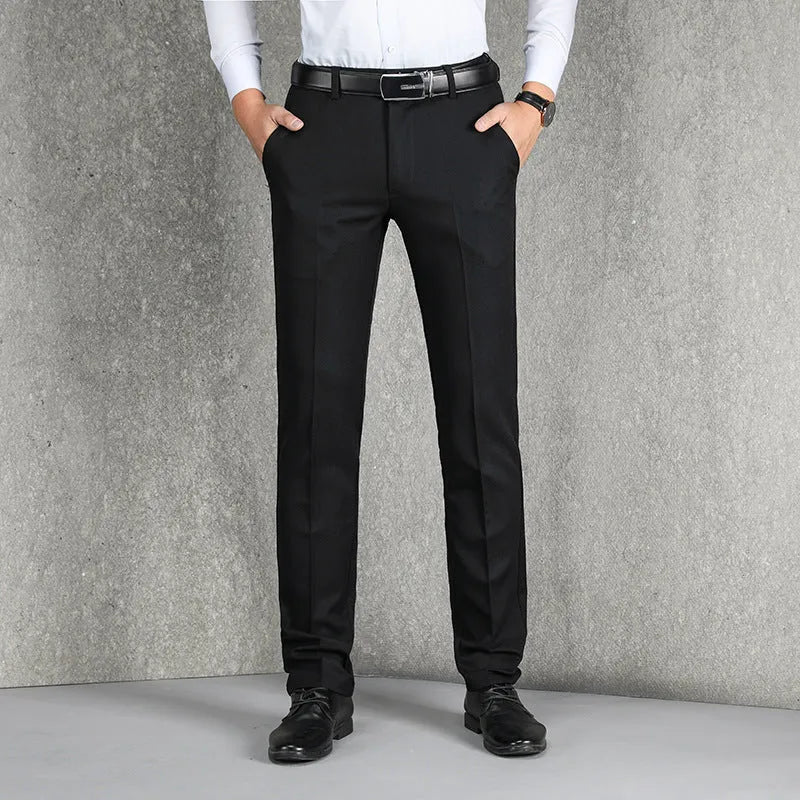Men's cotton straight leg casual trousers in black, dark blue, and grey, waist sizes 28-42