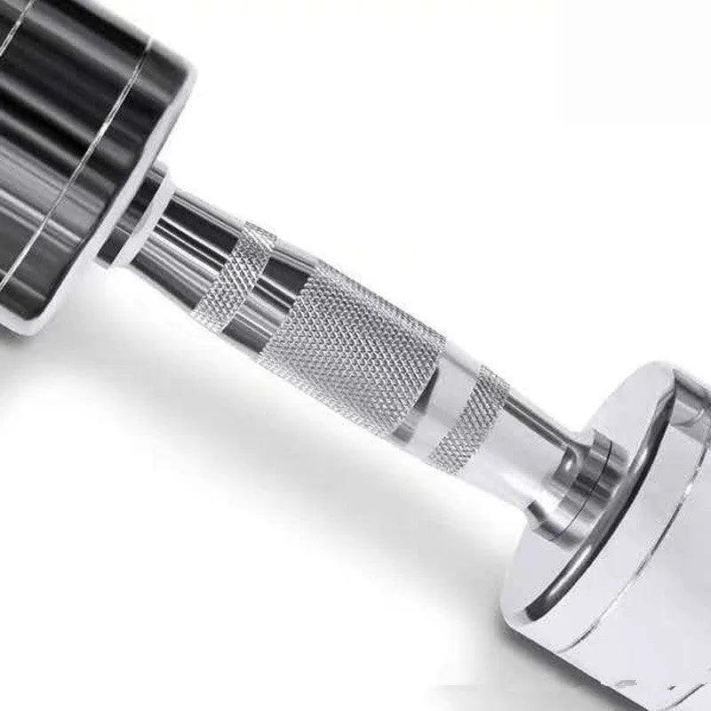 Silver pure steel dumbbell with hexagon rod handle on grey background.