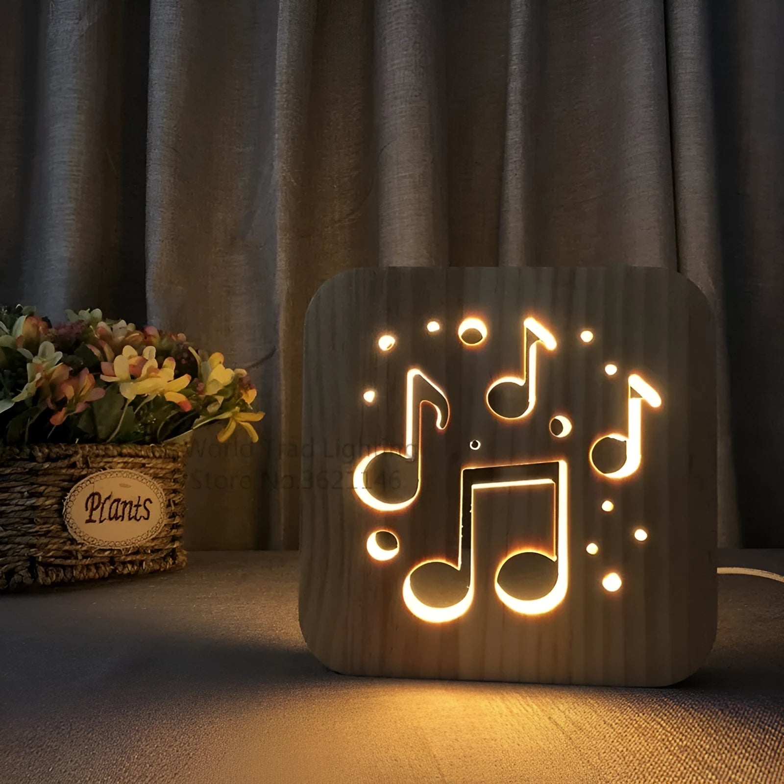 Pine wood cube LED atmosphere lamp with warm white light, showing USB cable and button switch.