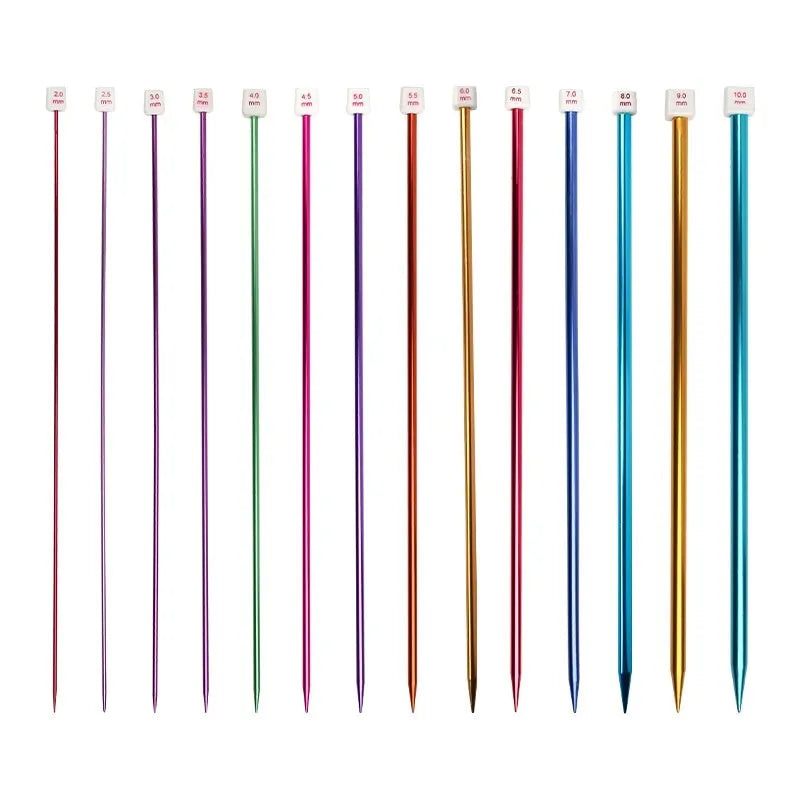 Aluminium alloy crochet hook set showing multiple sizes from 2.0mm to 9.0mm with protective caps