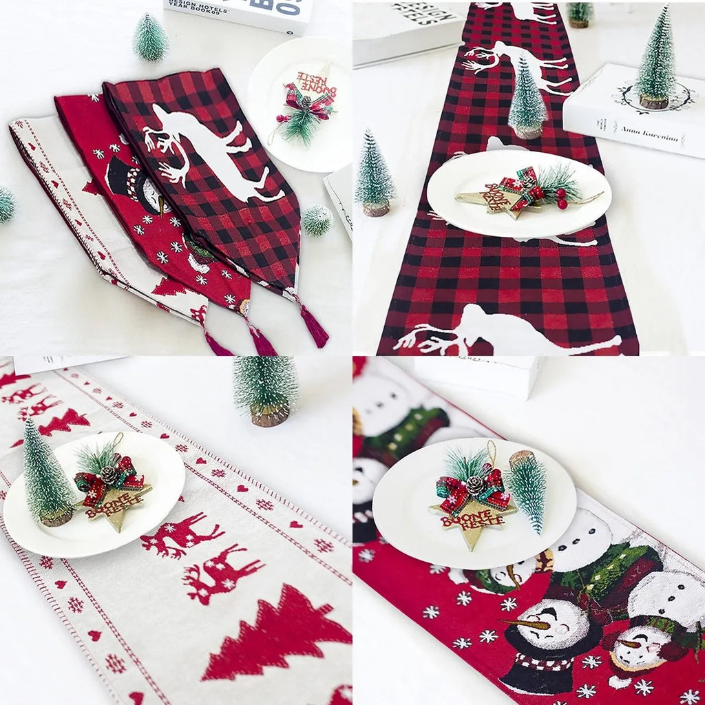 Christmas cotton linen table runner with elk and snowman design, 35x180cm