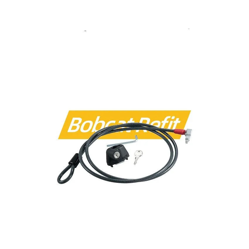 Plastic-sheathed steel cable lock for roof platform securing a ladder, showing no-drill installation.