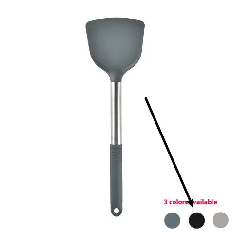 12 piece silicone kitchenware set with rotating storage bucket containing ladle spatula and clips