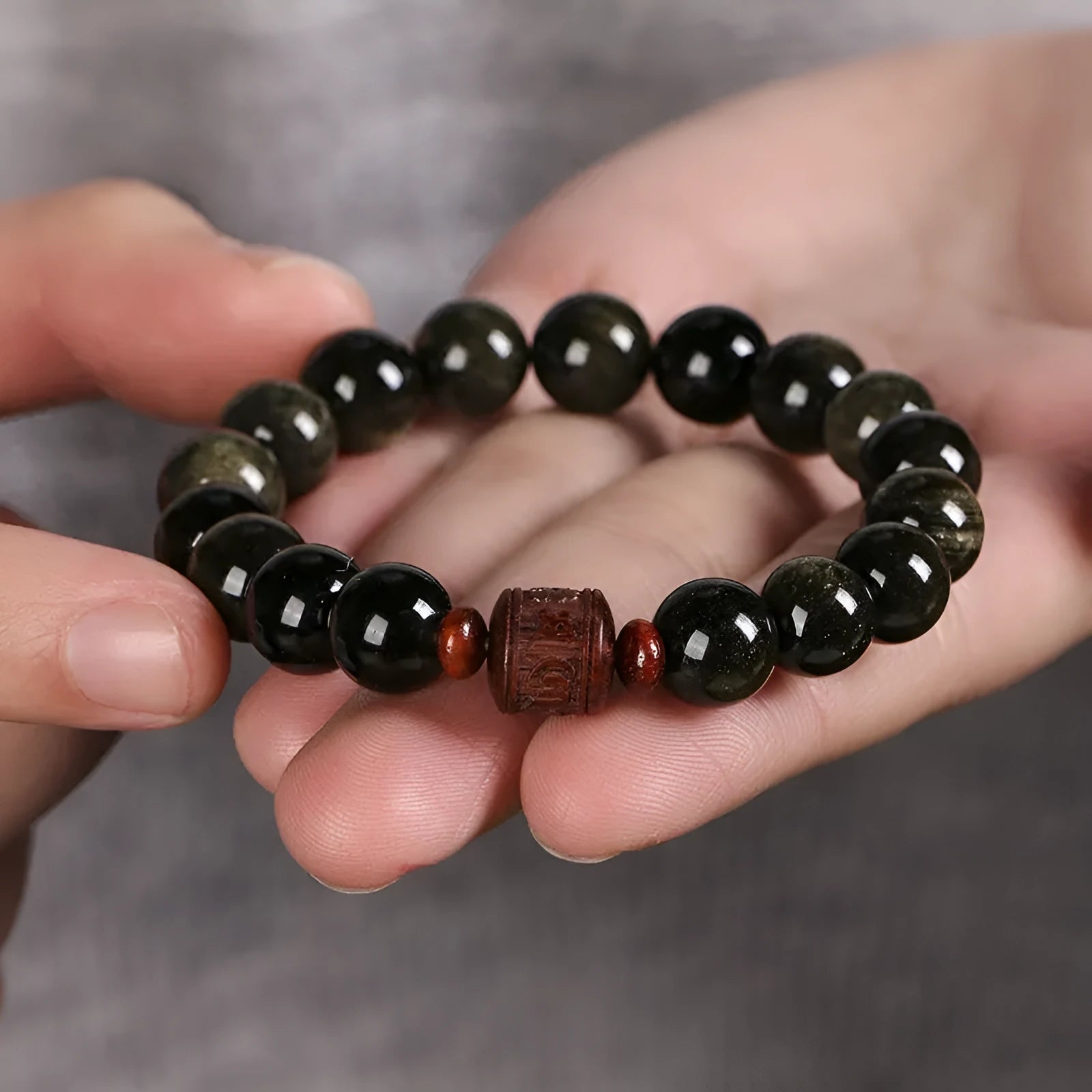Hand-woven unisex 10mm round Golden Obsidian bracelet in retro National style