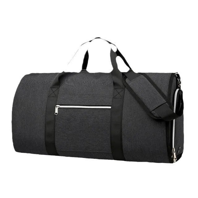 Expandable Oxford cloth storage bag in grey, shown with dry-wet separation compartment.