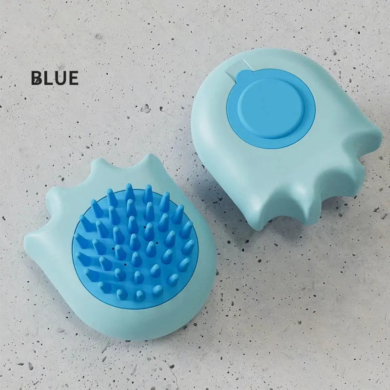 Blue pet bath brush with shampoo dispenser box for dog and cat grooming