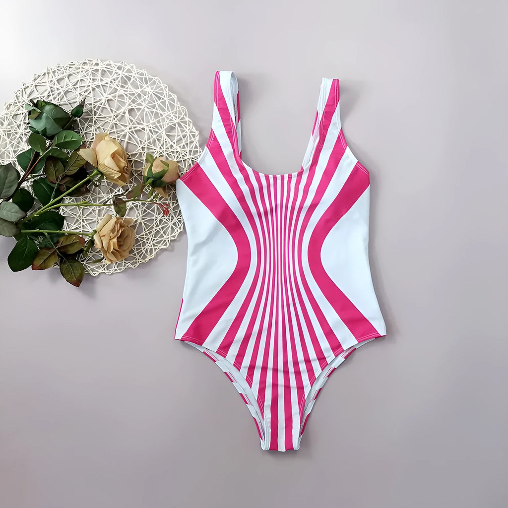 Women's pink striped one-piece swimsuit with digital printing on front and rear