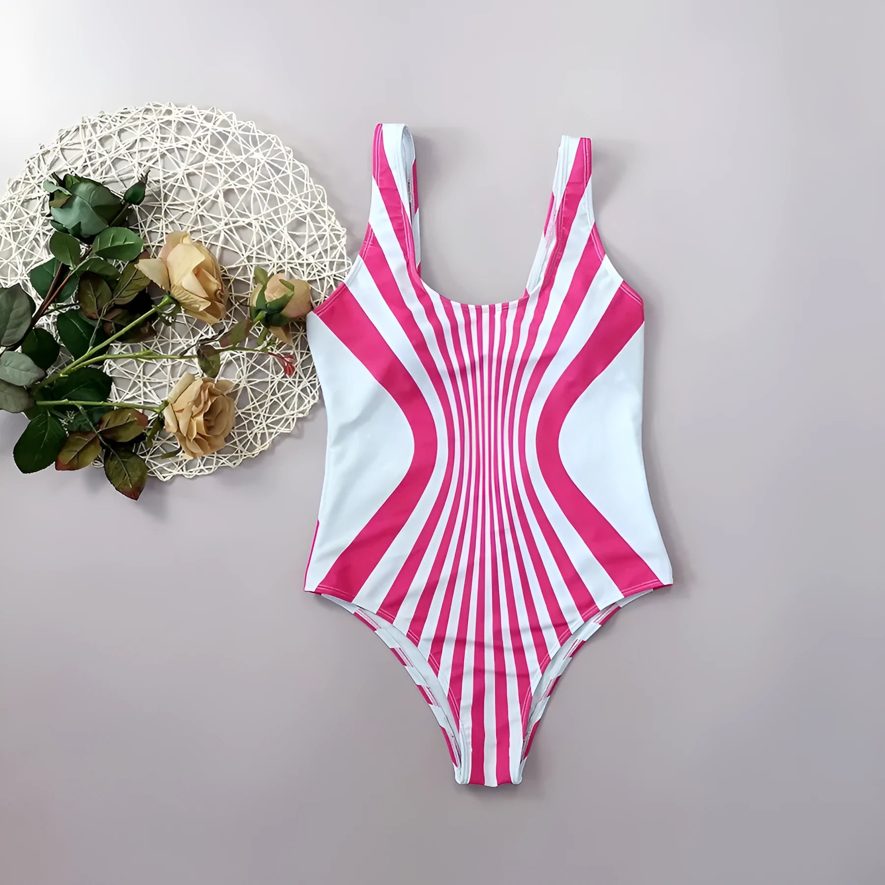Women's pink striped one-piece swimsuit with digital printing on front and rear