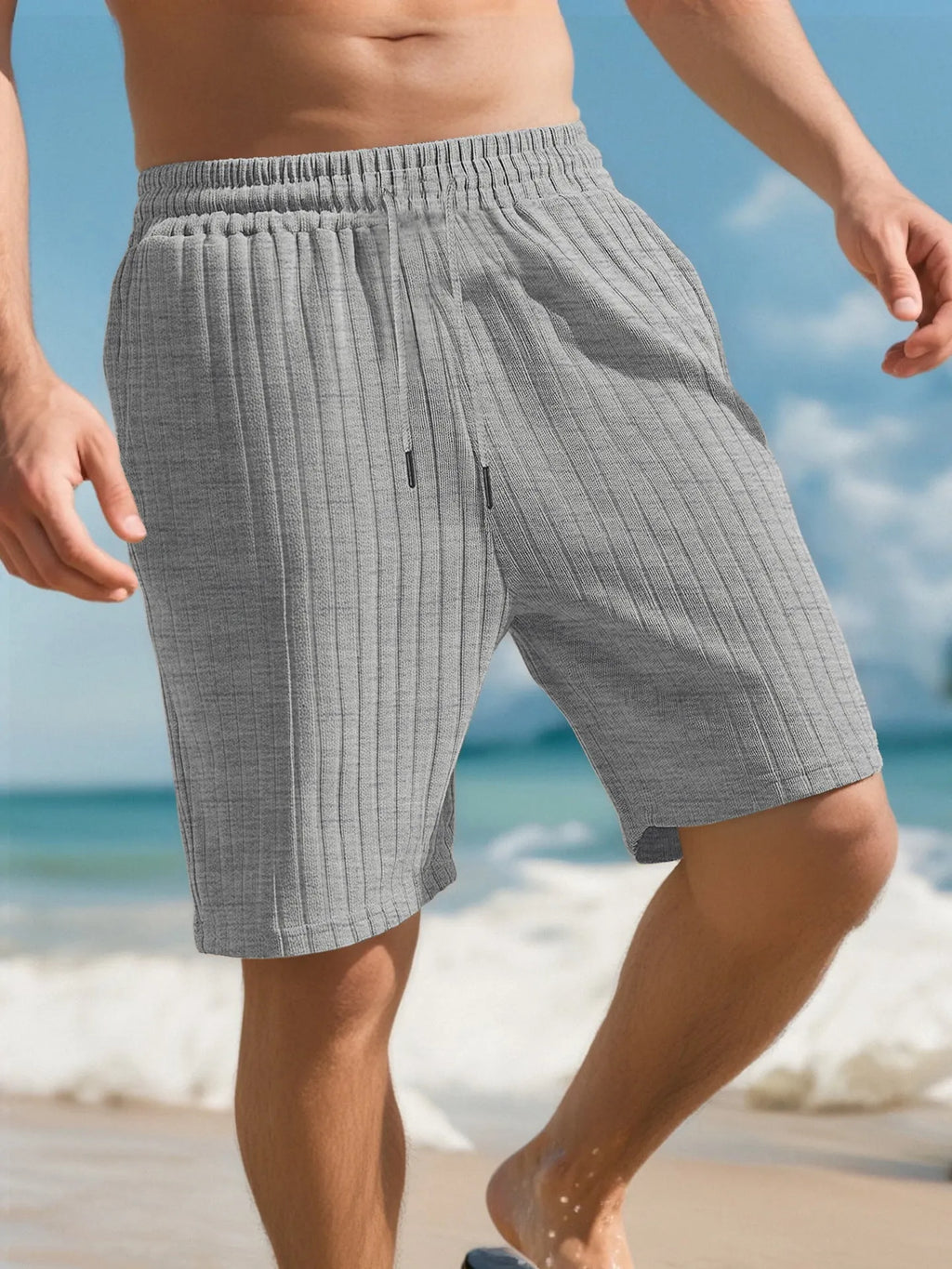 Men's striped linen-blend beach pants in khaki with elastic waist and multi-bag lace detail