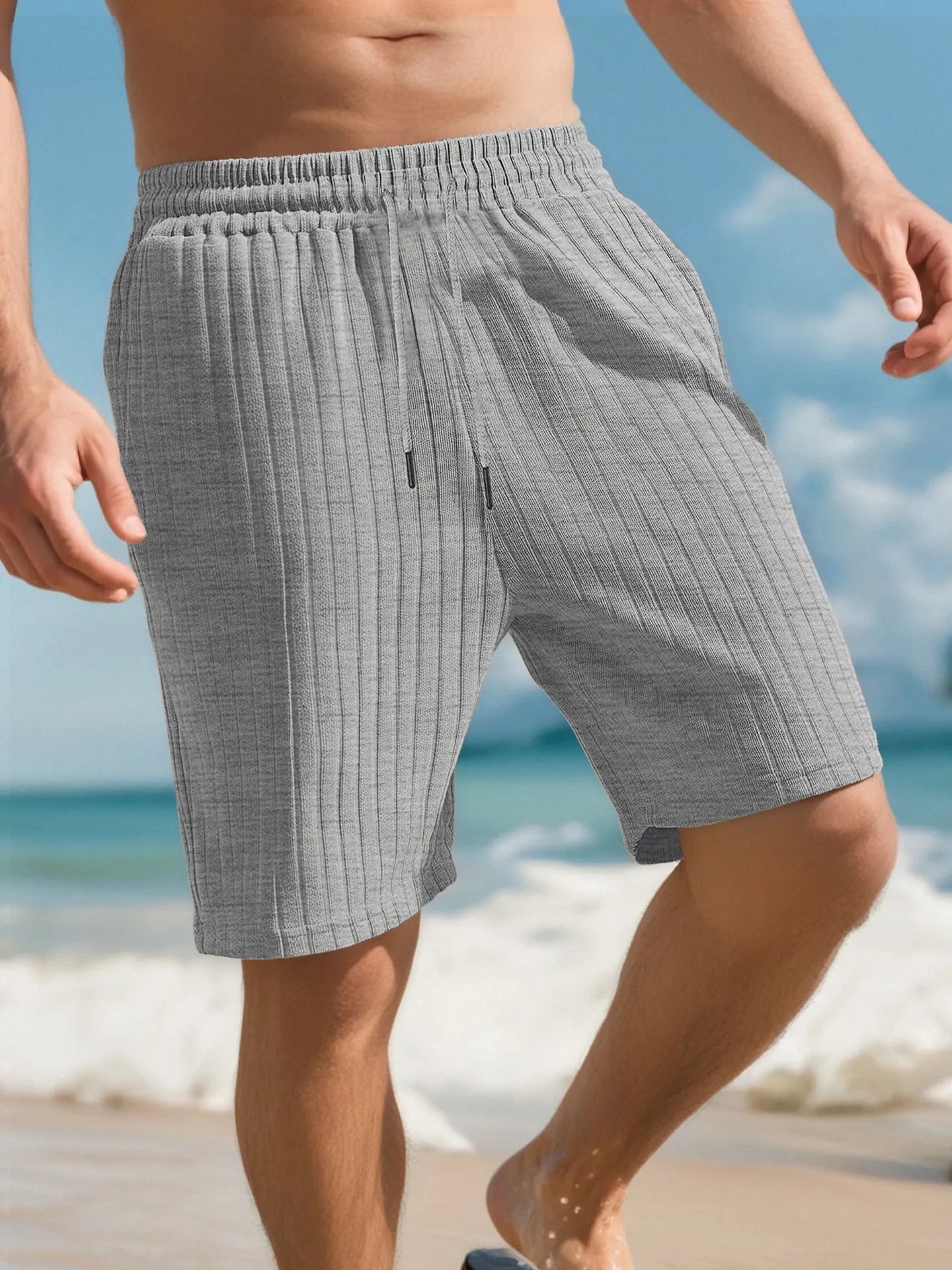 Men's striped linen-blend beach pants in khaki with elastic waist and multi-bag lace detail