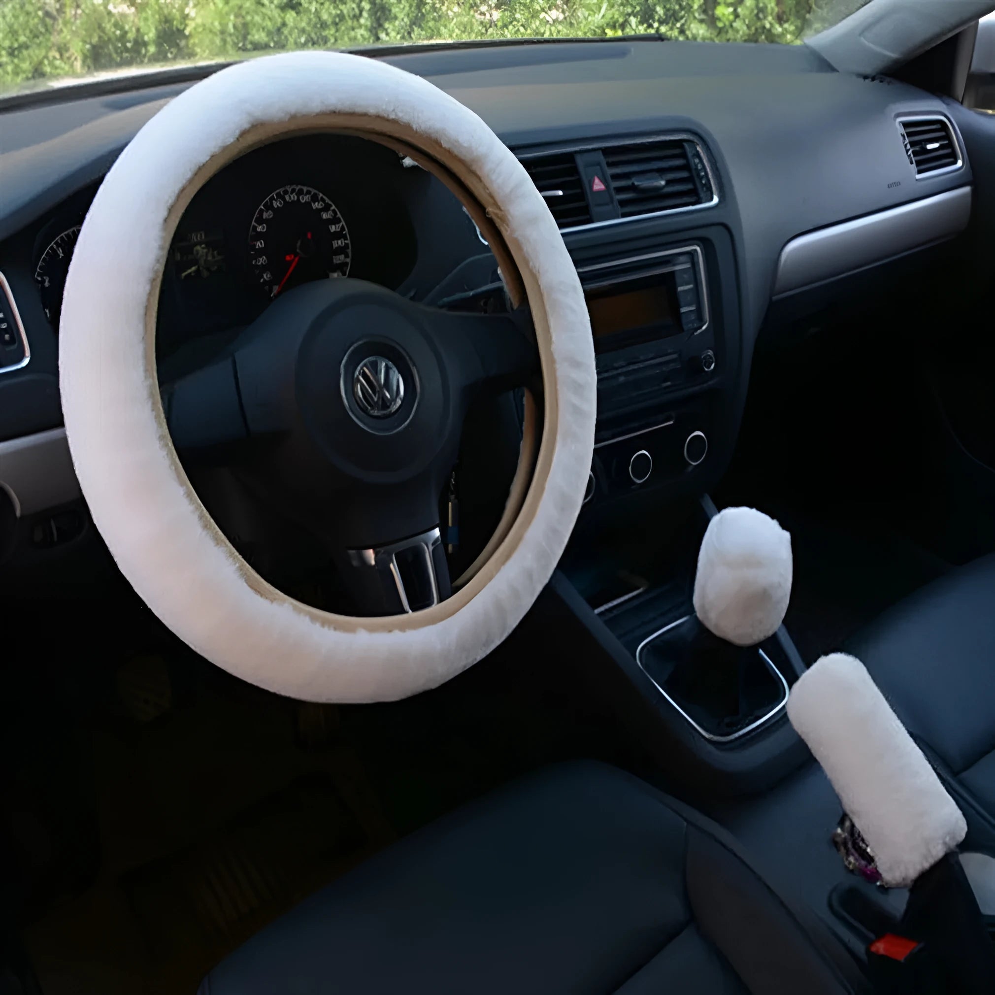 Winter plush car steering wheel cover set in beige, including steering wheel cover, brake sleeve, and gear shift cover