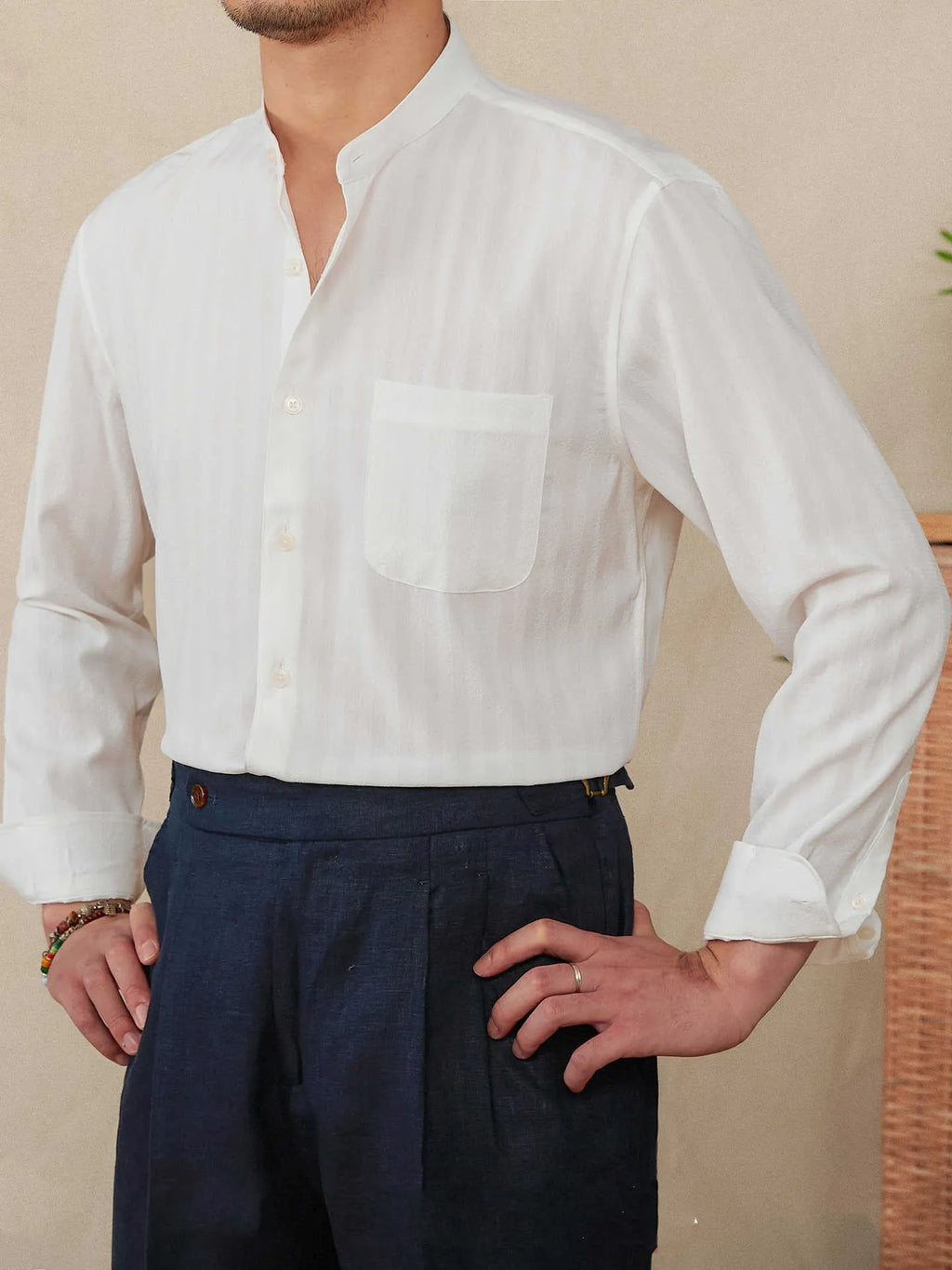Loose fit striped seersucker long sleeve shirt with baseball collar in blue and white for men