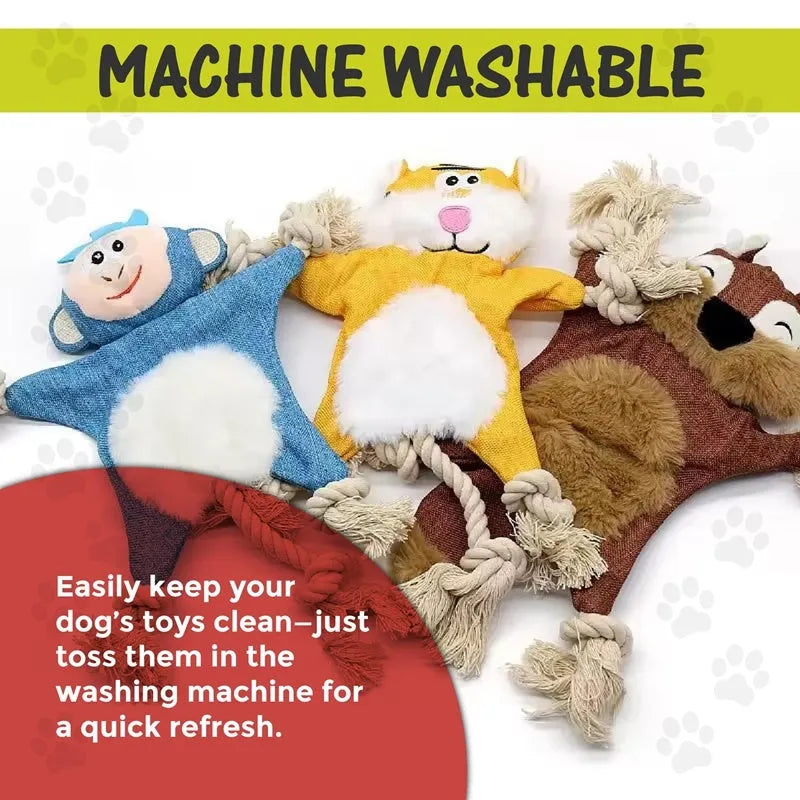 Set of six plush squeaky dog toys shaped like fox, squirrel, monkey, koala, rabbit, and tiger with rope