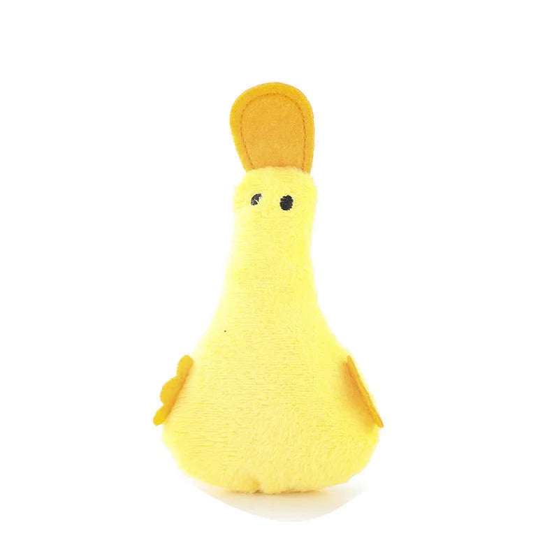 Duck-shaped plush pet toy with squeaker and catnip filling in blue colour