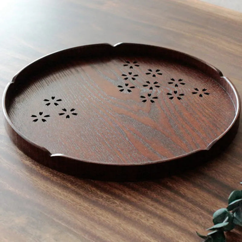 Wooden Japanese shallow dessert plate with hollow sakura cherry blossom pattern, 30cm diameter