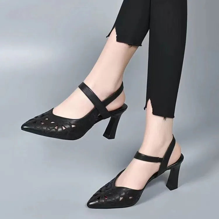 Women's pointed toe sandals in beige with hollowed toe box, back empty design, high heel, and rubber sole