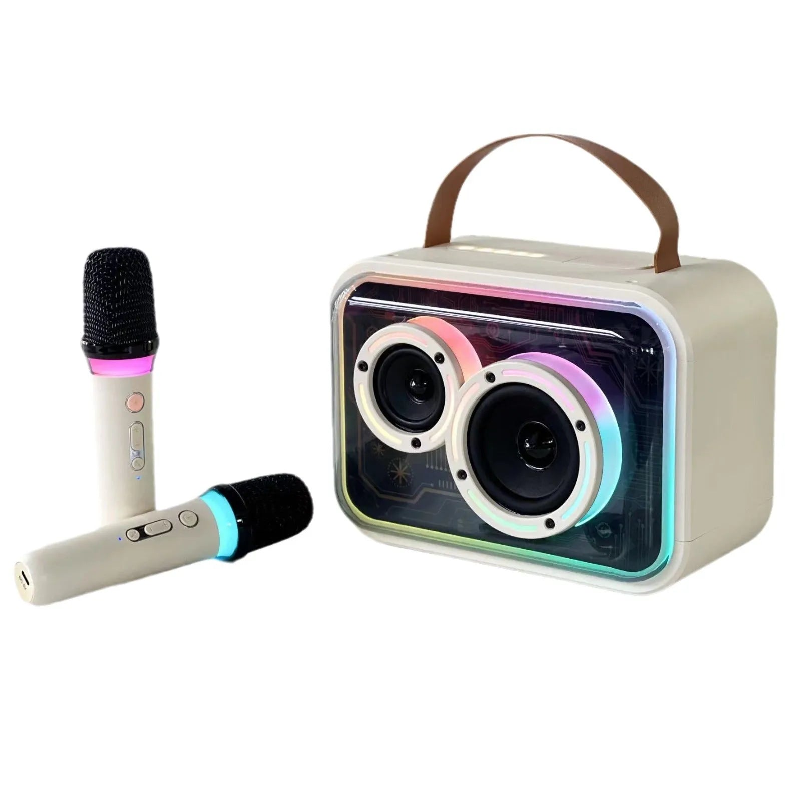 Portable Bluetooth karaoke speaker with RGB lights, black finish, showing speaker grille and control panel