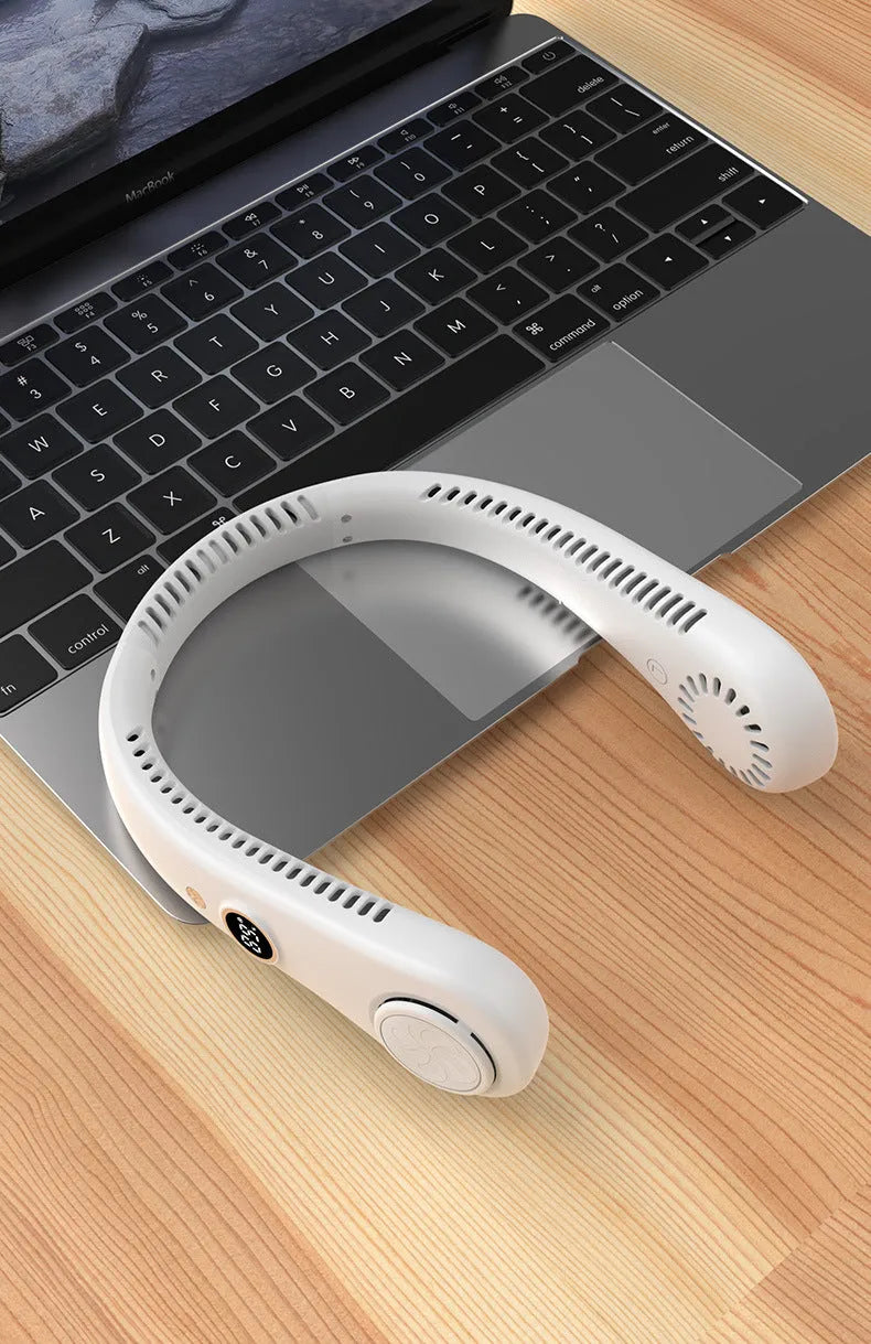 Pink USB rechargeable bladeless neck fan with a flexible neckband, shown in a folded position.