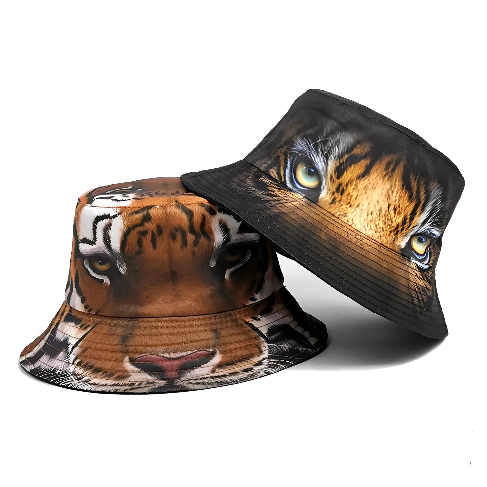 Tiger Pattern Bucket Hat European and American Outdoor Sun Protection Cap Khaki Tiger Black Tiger Dome Crown M 56-58cm Polyester Four Seasons Retro Style Unisex