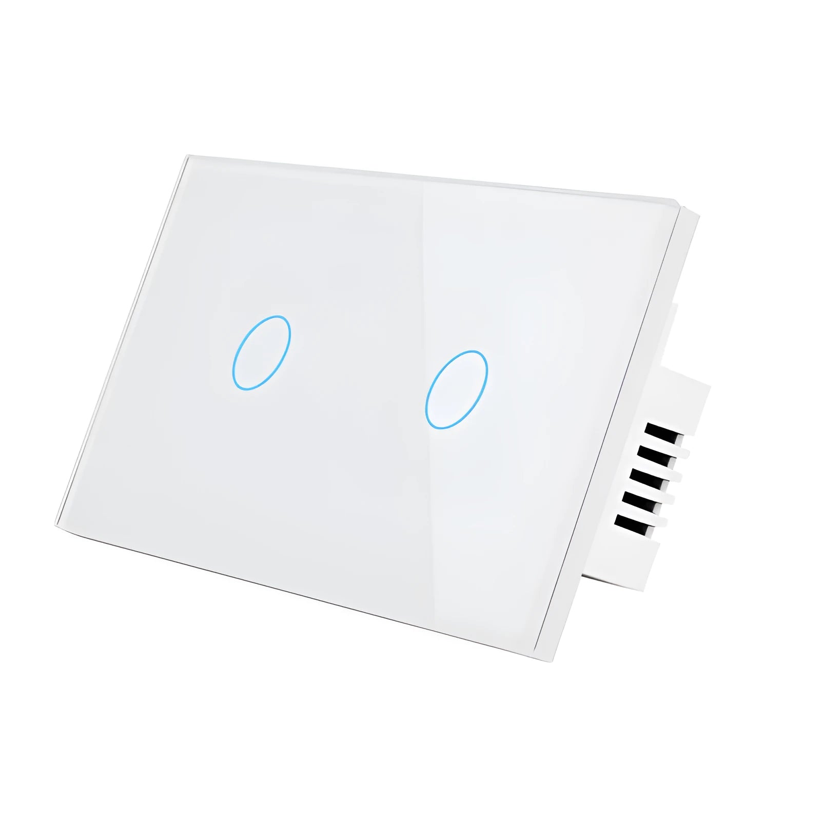 White 2-gang RF remote control light switch with tempered glass touch panel and LED indicators