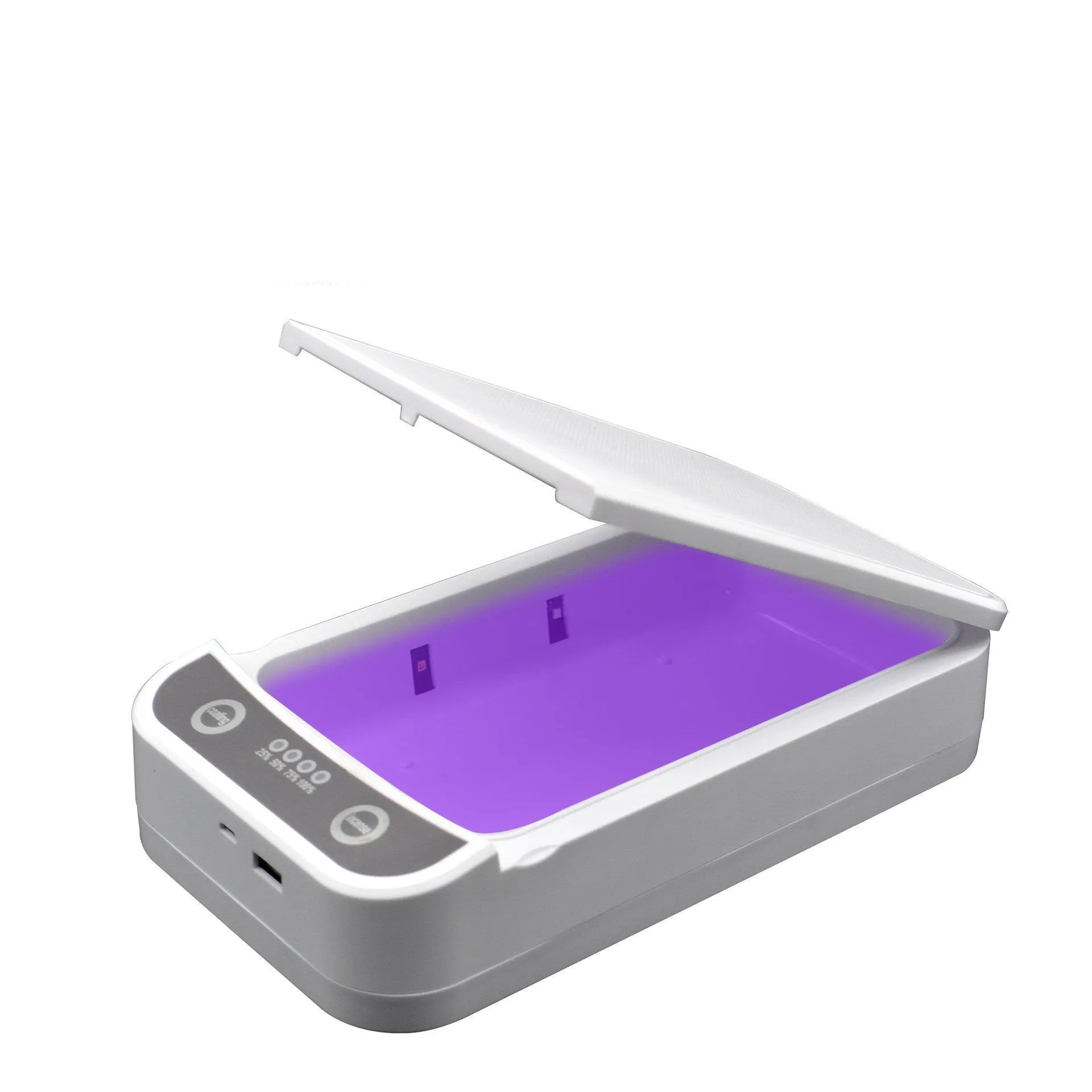 White UV disinfection box with internal compartment for mobile phones up to 6.5 inches