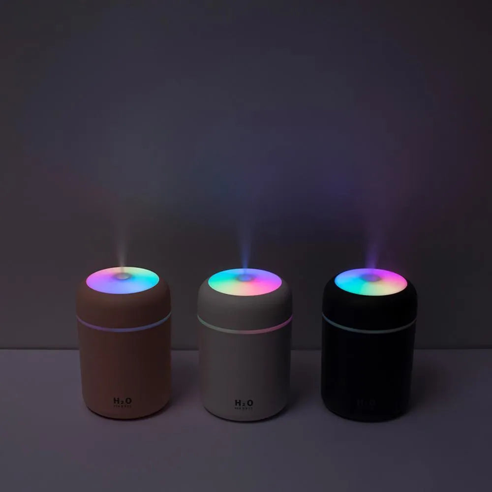 Pink, white, or navy blue USB mini desktop humidifier with water tank and colourful lights