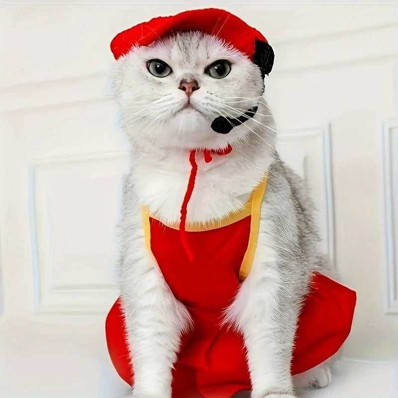 Handmade cotton chef hat and knitted sweater outfit for a small cat wearing a birthday costume