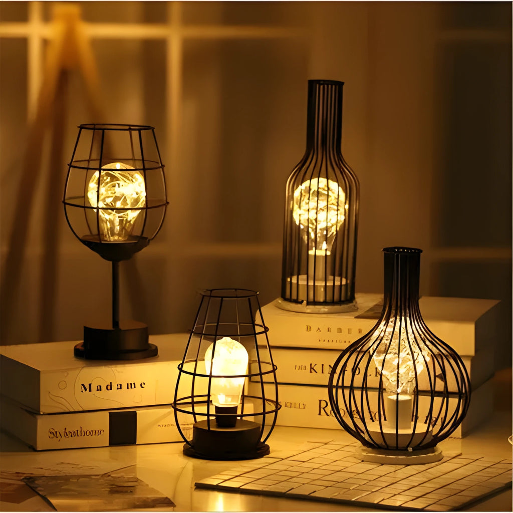 Iron hollow table lamp in red wine glass design with warm white LED lighting