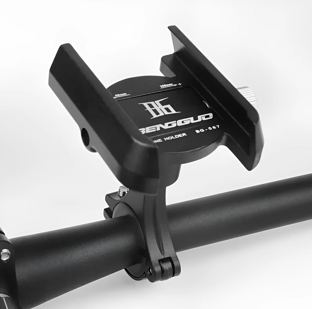 Bicycle phone holder made from CNC aluminium alloy in Black, with phone mounted on handlebar