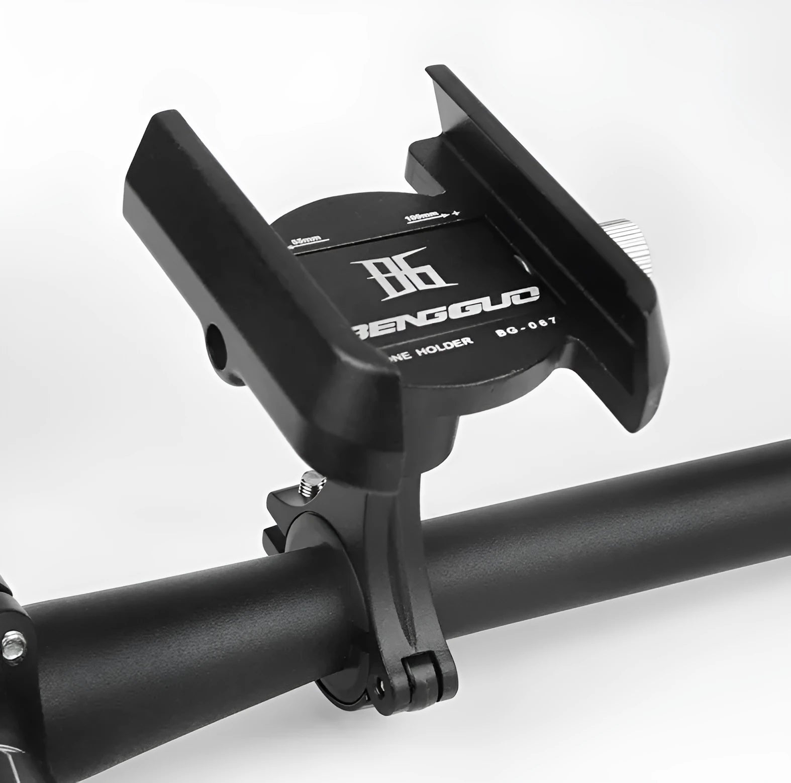 Bicycle phone holder made from CNC aluminium alloy in Black, with phone mounted on handlebar